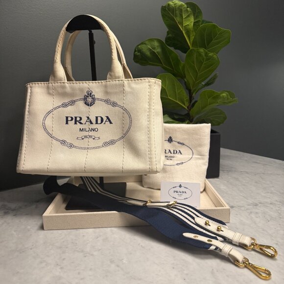 Prada Small White Canapa Logo Tote w/ Strap & Authenticity Certificate Card - Picture 1 of 16
